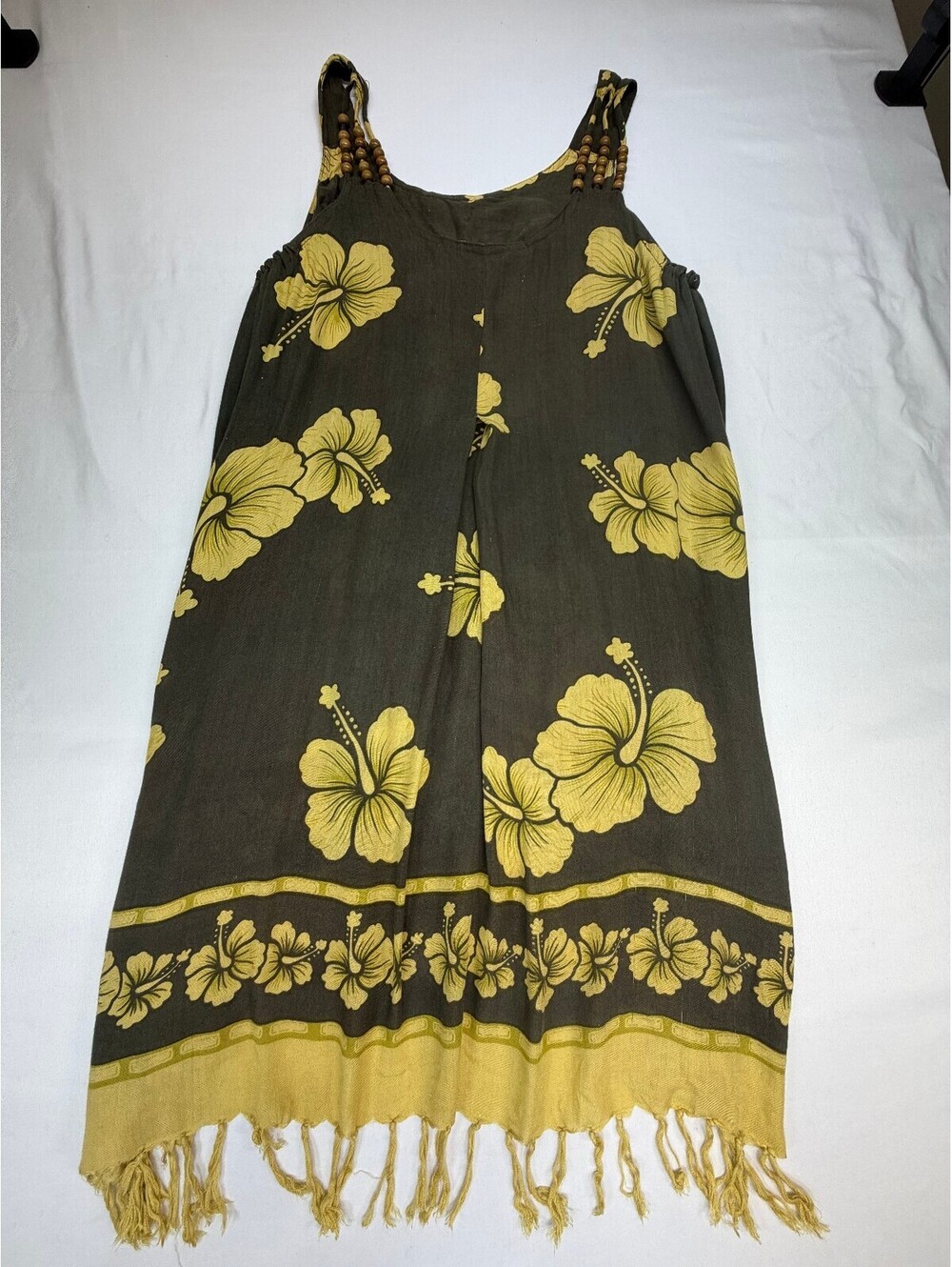 J&J Fashion Hawaii Womens Sundress Beaded Strap Fringe Hem Hibiscus Size M Green
